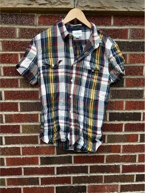 Lucky Brand Yellow Blue and White Plaid Button Down Short Sleeve Shirt